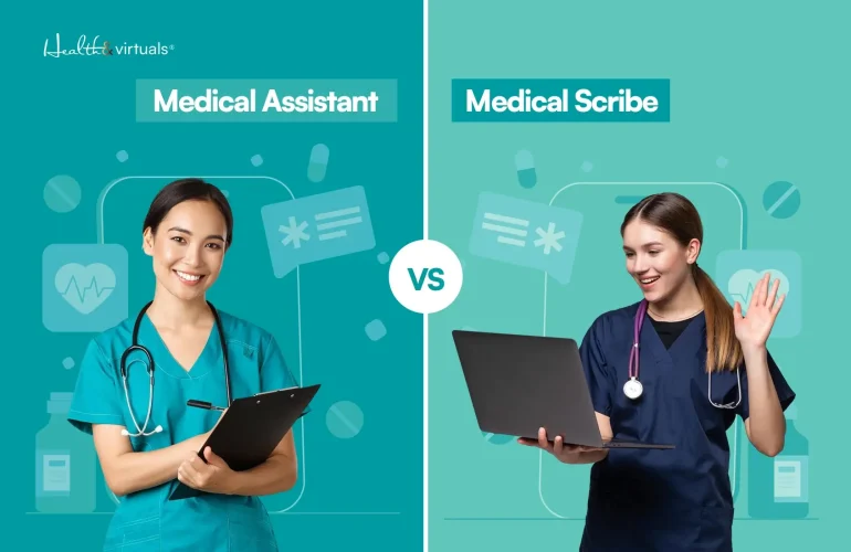comparison image showing medical assistant vs medical scribe