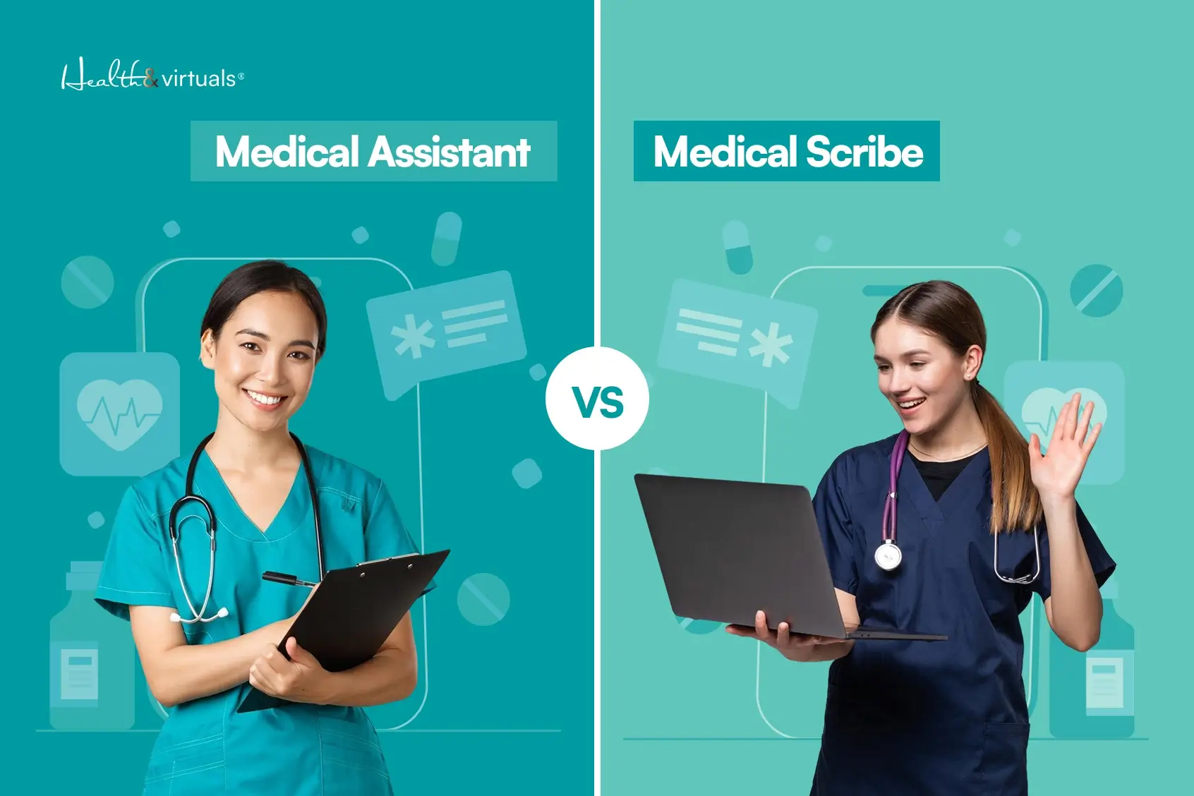 comparison image showing medical assistant vs medical scribe