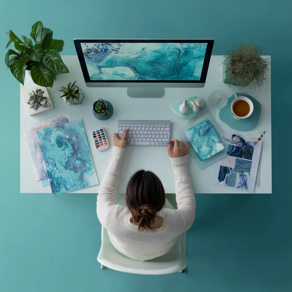 a woman sitting on a table and doing her office work
