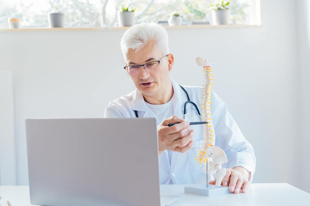 Chiropractic Assistant describing parts of human spinal cord virtually