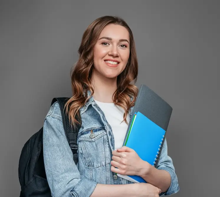 a girl with a bag and some files smiling