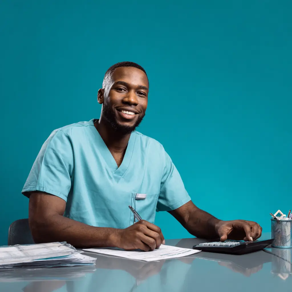 medical biller sitting on a chair holding a pen and smiling