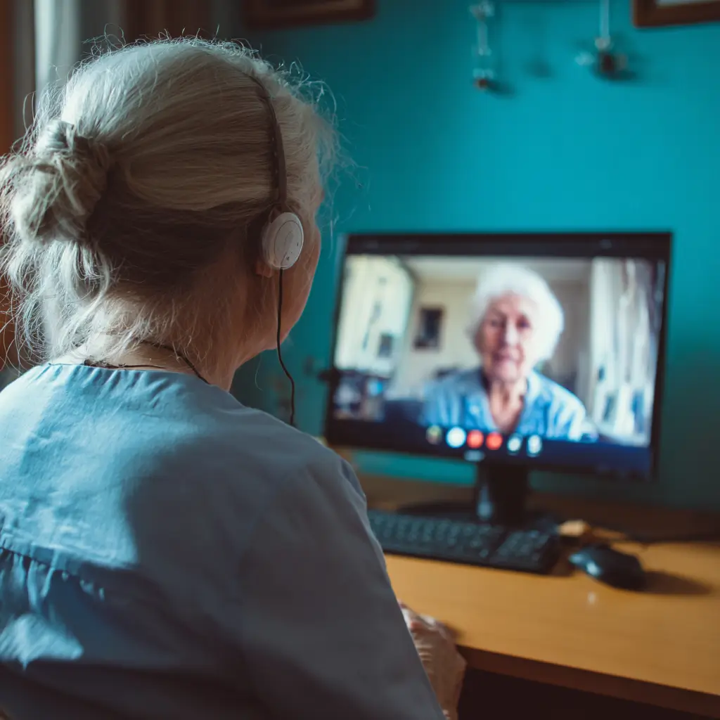virtual nursing home assistant guiding old woman