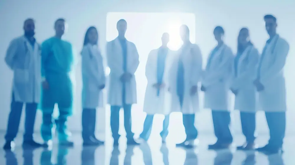 a group of physician standing in front of door and light is coming from the door