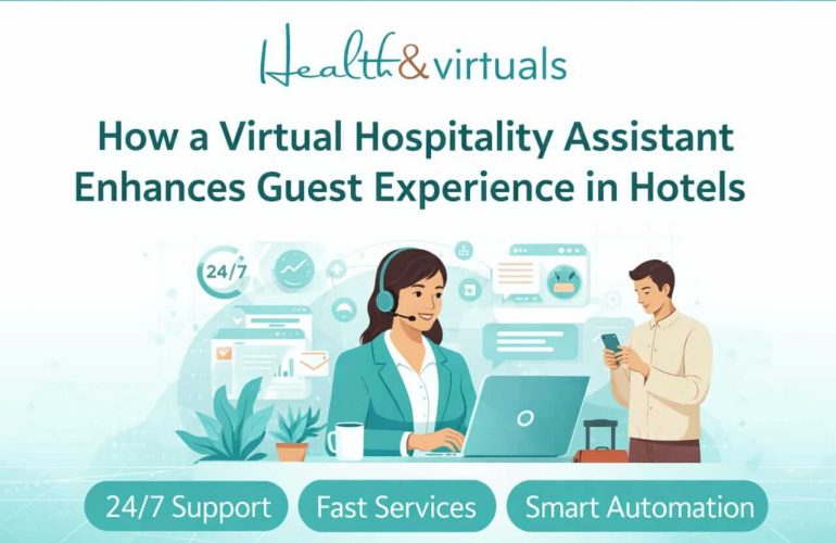Remote hospitality virtual assistant managing hotel operations on computer