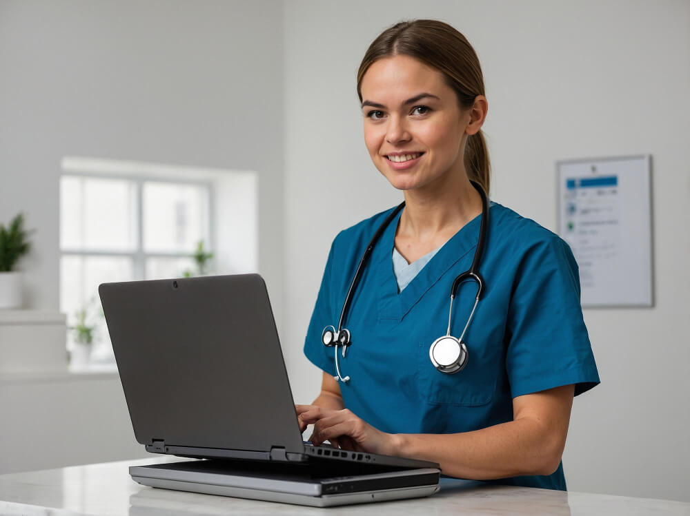 Nurse using laptop and headset for remote patient monitoring and EHR access