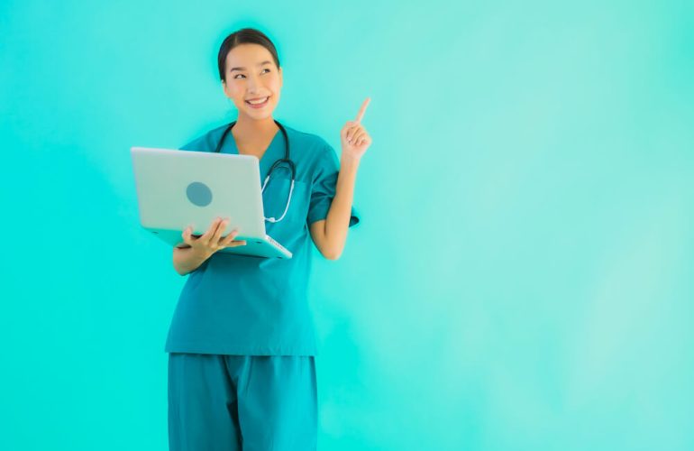 Professional nurse working remotely with multiple healthcare systems