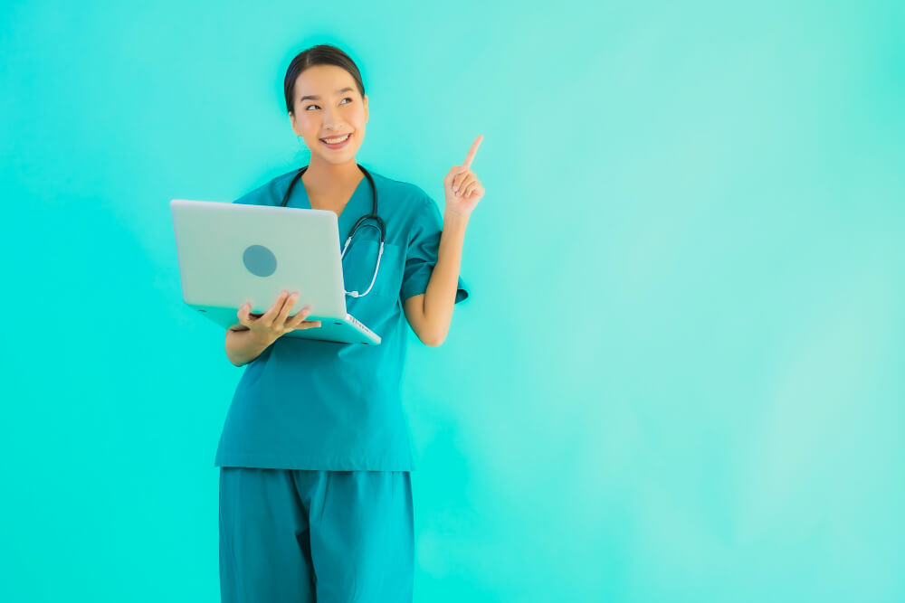 Professional nurse working remotely with multiple healthcare systems