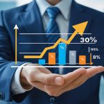 Remote virtual assistant working on laptop managing business tasks online from home office, overlapping illustration about increases ROI