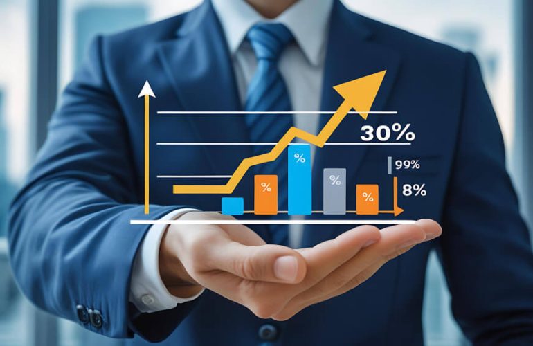 Remote virtual assistant working on laptop managing business tasks online from home office, overlapping illustration about increases ROI