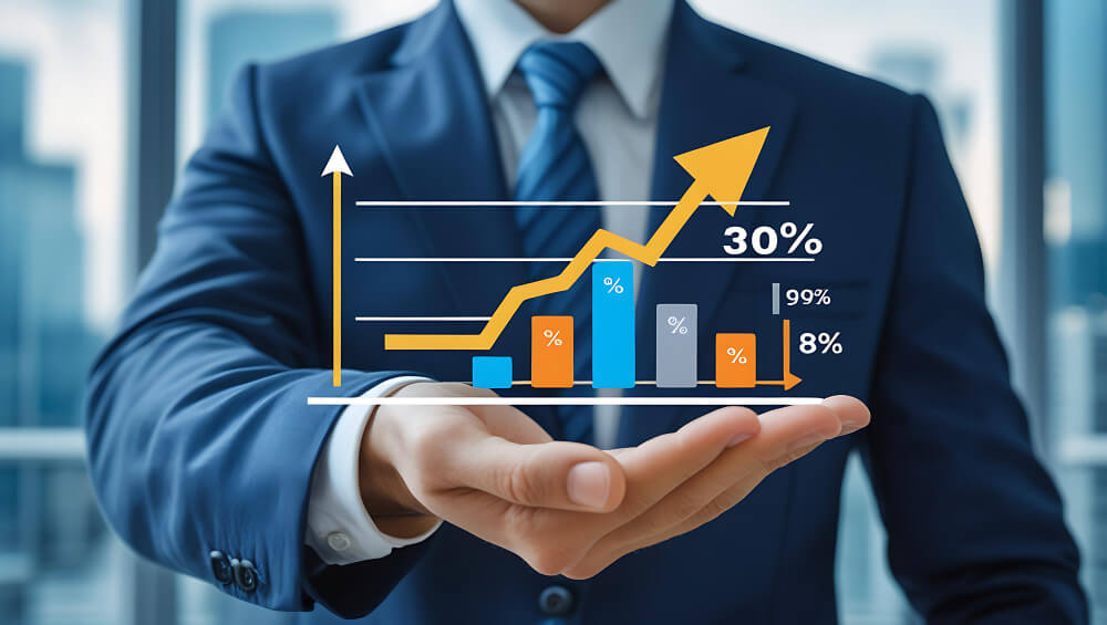 Remote virtual assistant working on laptop managing business tasks online from home office, overlapping illustration about increases ROI