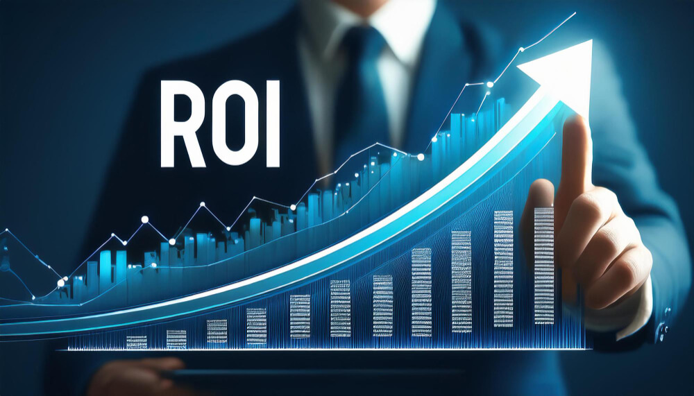 Remote virtual assistant working on laptop managing business tasks online from home office, overlapping illustration about increases ROI