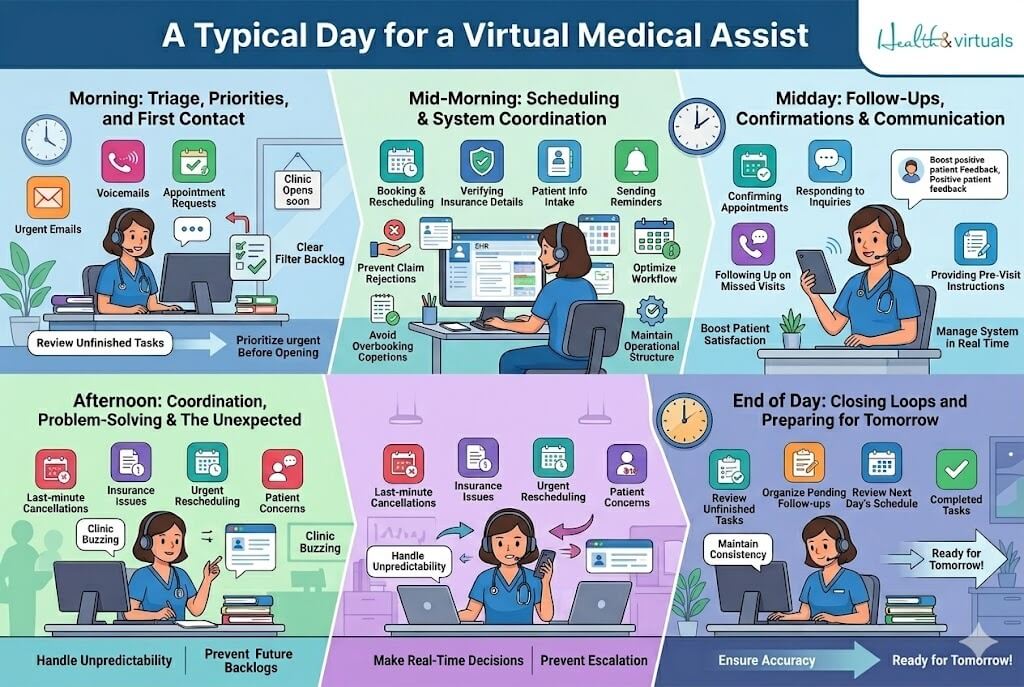 infographics about A Typical Day for a Virtual Medical Assistant! 