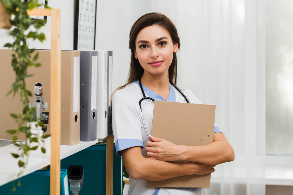 image of healthcare virtual assistant holding certificate trained to serve 