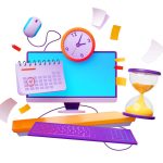 illustration image showing computer, watch, calendar, showing importance of remote working time management
