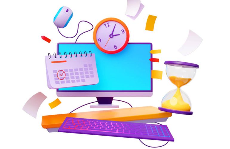 illustration image showing computer, watch, calendar, showing importance of remote working time management