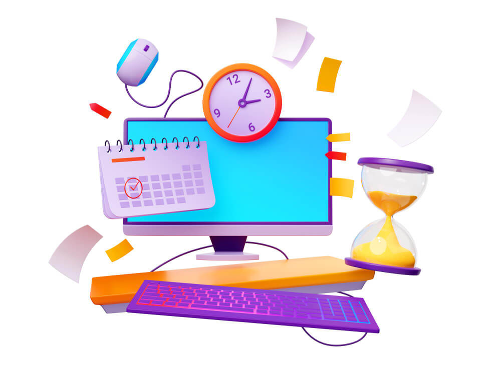illustration image showing computer, watch, calendar, showing importance of remote working time management