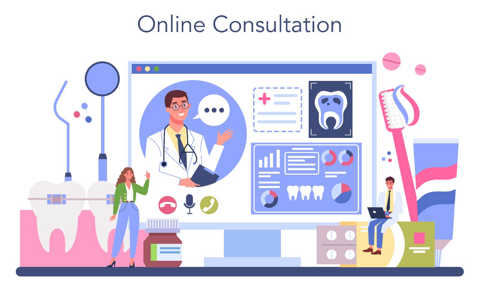 illustration of Remote dental professional from virtual dental administration answering patient calls and managing inquiries