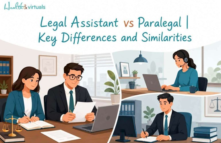 Legal assistant and paralegal working in a modern law office