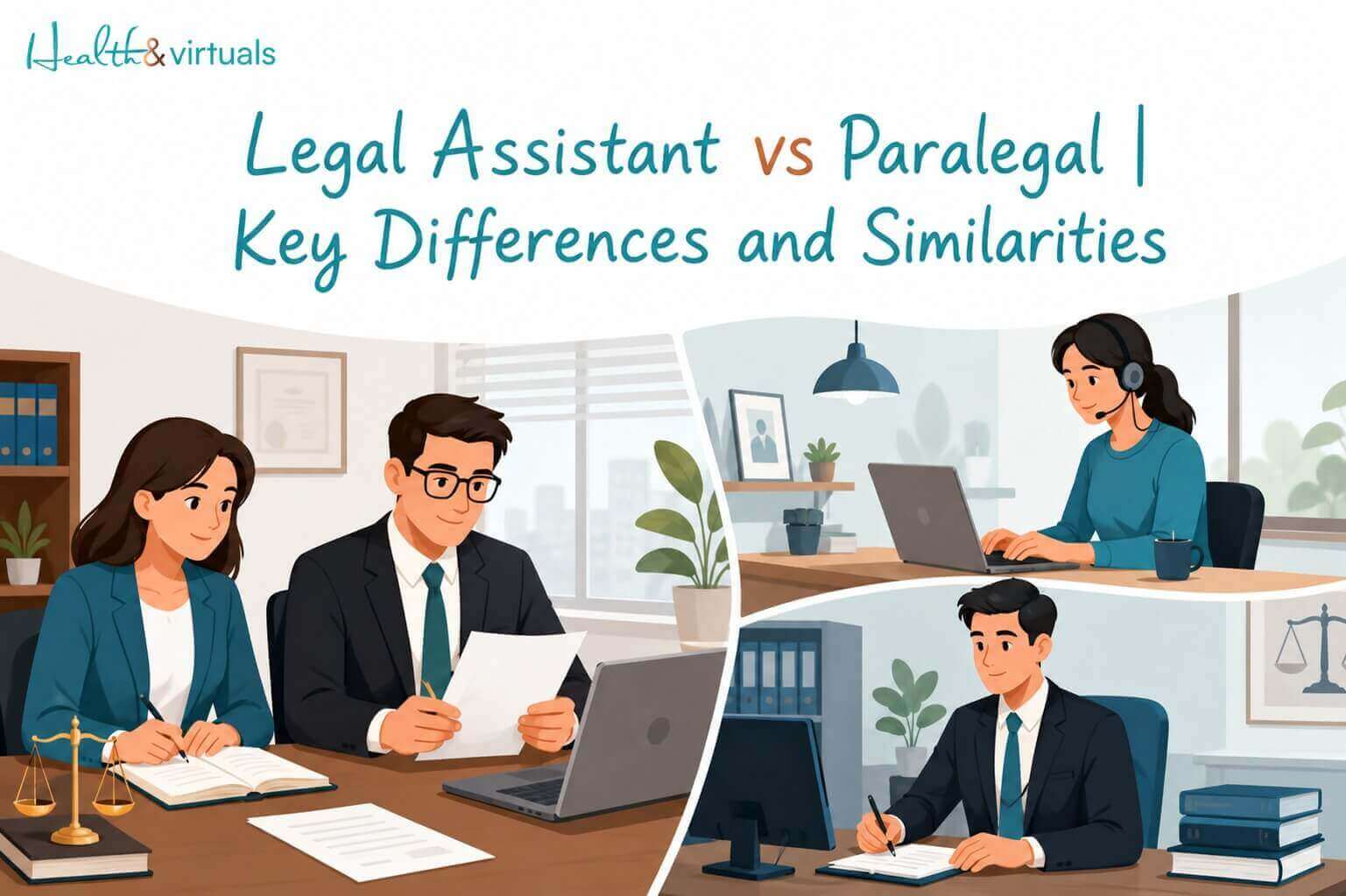 Legal assistant and paralegal working in a modern law office