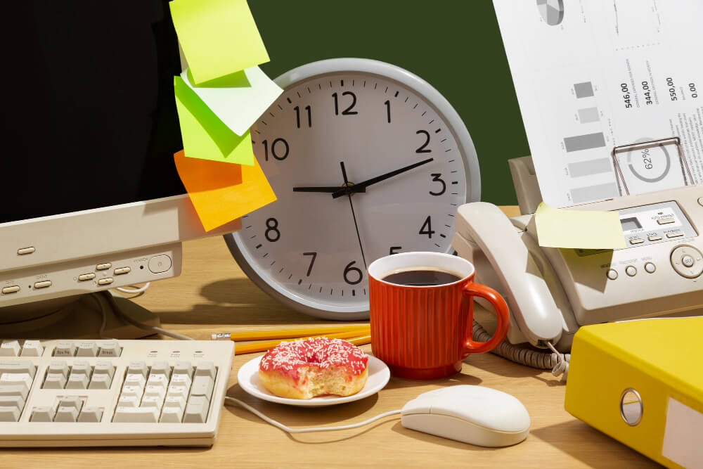 illustration image showing computer, watch, calendar, showing importance of remote working time management