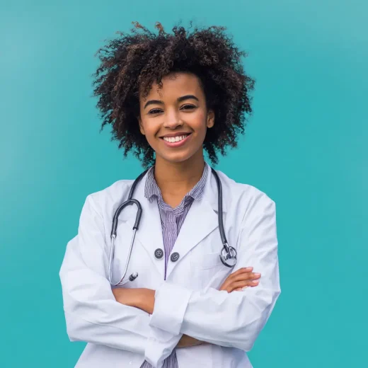 physician assistant with stethoscope smiling