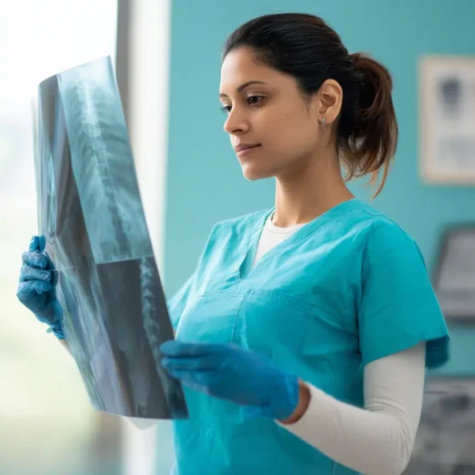 chiropractor standing and examining at x-ray